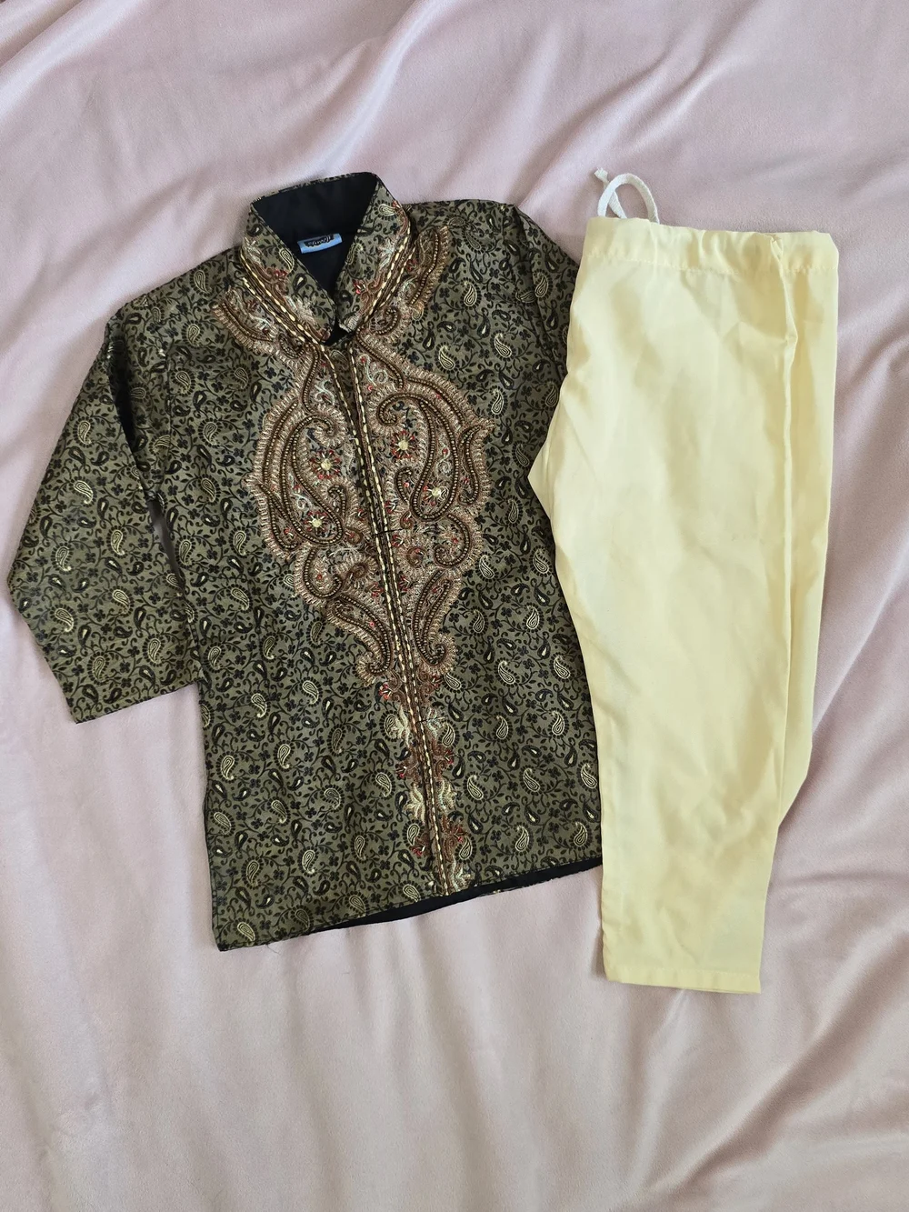 New Boys Embroidered Gold & Black Kurta Set with Cream Pants